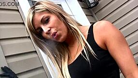 sexy girlfriend teases smoking outside in lingerie