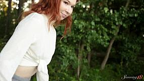 Teen Redhead Mia Fingers Shaved Pussy To Wild Orgasm Beside Lake