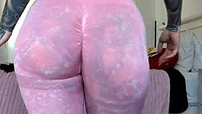 Milf Melody Radford in sheer leggings, teasing with her big tits and ass close-up.