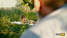 old man charms busty gal for outdoor forest fun