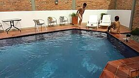 on vacation at the pool with my step-nephew having fun