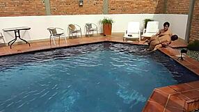 on vacation at the pool with my step-nephew having fun