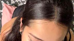 Cute teen girlfriend gives sloppy blowjob to big dick submissively.