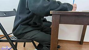 Redhead in stockings gets creampie instead of exam grade