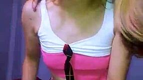 Petite schoolgirl whore masturbates with huge dildo