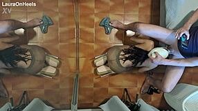 Latina milf in pantyhose kneels for blowjob, swallows cum mouthful