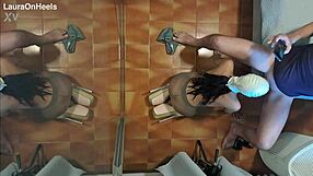 Latina milf in pantyhose kneels for blowjob, swallows cum mouthful