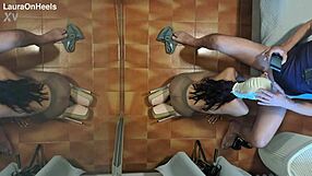 Latina milf in pantyhose kneels for blowjob, swallows cum mouthful