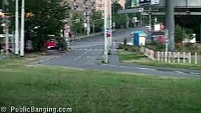 young blonde teen cutie in public street gangbang with two guys, blowjob and pussy action