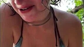 horny teen 18+ in bikini gives oily titjob and sucks dick on a public beach