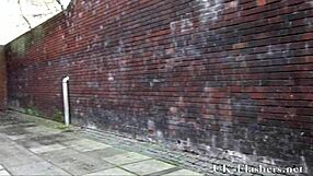 Brummie babe pisses openly in public outdoor area with curious onlookers