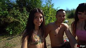 I watch two couples swap partners and fuck outdoors in public with creampie