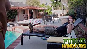 Oh man, check out bimbo August Taylor giving that poolboy an epic handjob by the pool with cum on her big tits.