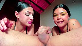 friends team up for sloppy double blowjobs on huge colombian cock