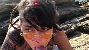 Pervertida flashes tits on beach and takes me to rocks for hot fuck