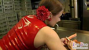 Horny Latex Slut Stuffed with Cucumber in Kitchen as Punishment