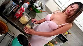 sarah rosa cooks sexy porridge in the kitchen with big tits and ass 😍