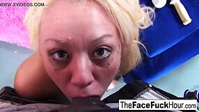 Cute Blonde Chick Gets Her Face Roughly Fucked By Two Hard Cocks In Intense Blowjob Session. She Feels The Passion And Cumshot Thrill Covering Her Slutty Expression.