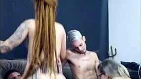 Brazilian Redhead with Dreadlocks Rides Friend Passionately While His Wife Gives Blowjob