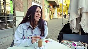 Petite Spanish nympho Sofia Sweet Secrett squeezes a massive 10-inch cock in the shower and hits it hard.