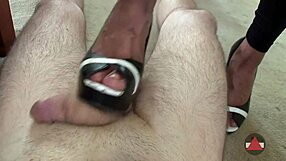 a rough shoejob with heels dominating his cock until explosive cumshot in pov style