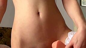 maiskii's skinny teen body tempts with shaved pussy and small tits as she strips clothes, fingering and dildo fucking tight holes while moaning to orgasm