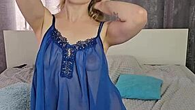 Blonde amateur in lingerie moans while fucking shaved tight pussy in pov