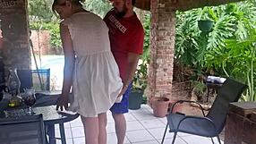 Pssygalore69 bends over the pool desk in her dress for quick doggystyle sex. Brother in law cums on her ass outdoors.
