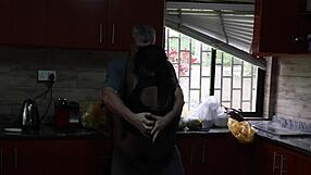 Fucking outside with amateur couple then moving to kitchen for quickie doggystyle sex