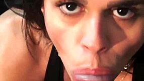 Brunette Fá Welter deepthroats director in wet blowjob scene with cumshot facial behind the scenes