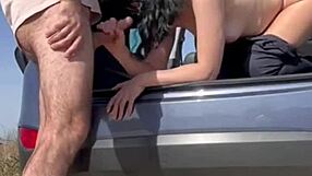 subtle invitation for a teasing blowjob ending in a flawless cumshot right there in the open trunk