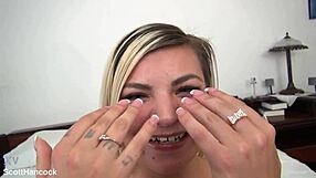 Alex Little cute blonde 19 yo gives pov blowjob to huge cock ending in messy facial cumshot