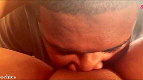 She positions her ebony pussy over his face for intense licking until squirting erupts.