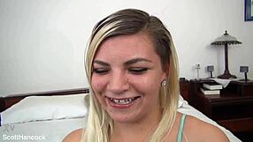 Alex Little cute blonde 19 yo gives pov blowjob to huge cock ending in messy facial cumshot