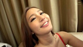 Amateur asian couple with cute japanese teen riding in red lingerie for orgasmic sex. Big tits bounce during cowgirl and missionary positions