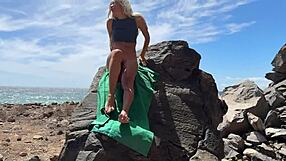 Blonde teen with perfect body and tight pussy moans through missionary anal on public beach, ending in cum on tits.