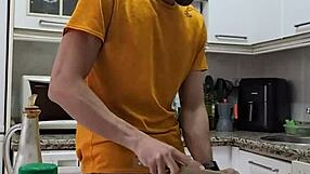 I cook a tortilla then strip naked do handjob on my monster cock and cum all over the food.