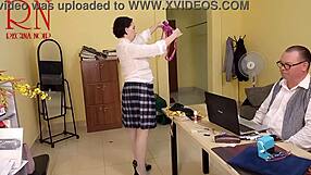 Yoga time in the office with Regina Noir starts her routine in scene 1.