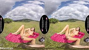 In this erotic scene, solo brunette Vanessa Decker fingers her trimmed pussy while masturbating outdoors in virtual reality