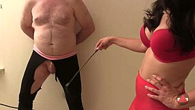 bloke earns cumshot through pantyhose footjob domination