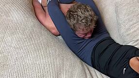 feel my cruel headscissors grip in these blue leggings?