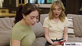 Shocking lesbian lick between busty milf stepmom and young girl