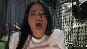 Horny brunette teen with big tits gives blowjob and fucks huge cock during baseball practice