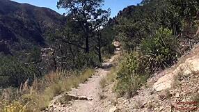 blonde with short hair gives deepthroat blowjob to big cock on public hiking trail and swallows cum