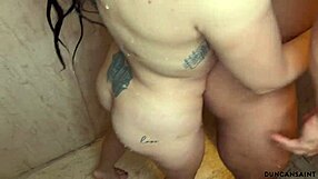 Yo, this giant tit slut with fake boobs takes a monster cock pounding in the shower fuck session