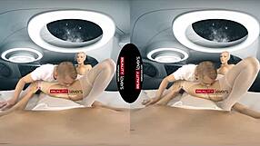 these blonde babes with big tits take turns in a wild threesome, deepthroating and fingering in outer space