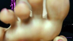 Sweat-covered small 18+ feet mistress with red toenail polish dominates sensually