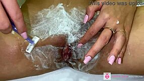 Close up shaving cute blonde's unshaven hairy pussy with natural tits in pov view