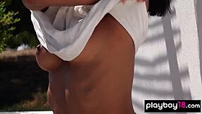 petite asian babe angel constance squeezes orange on her perfect tits outdoors 😍