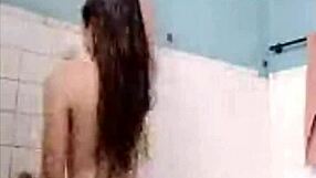 Filipina amateur takes shower while masturbating her shaved small tits in hairless bate session.